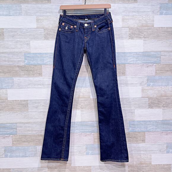 True Religion Flap Boot Cut Jeans Blue Dark Wash Low Rise Stretch Womens 27 - Picture 1 of 10